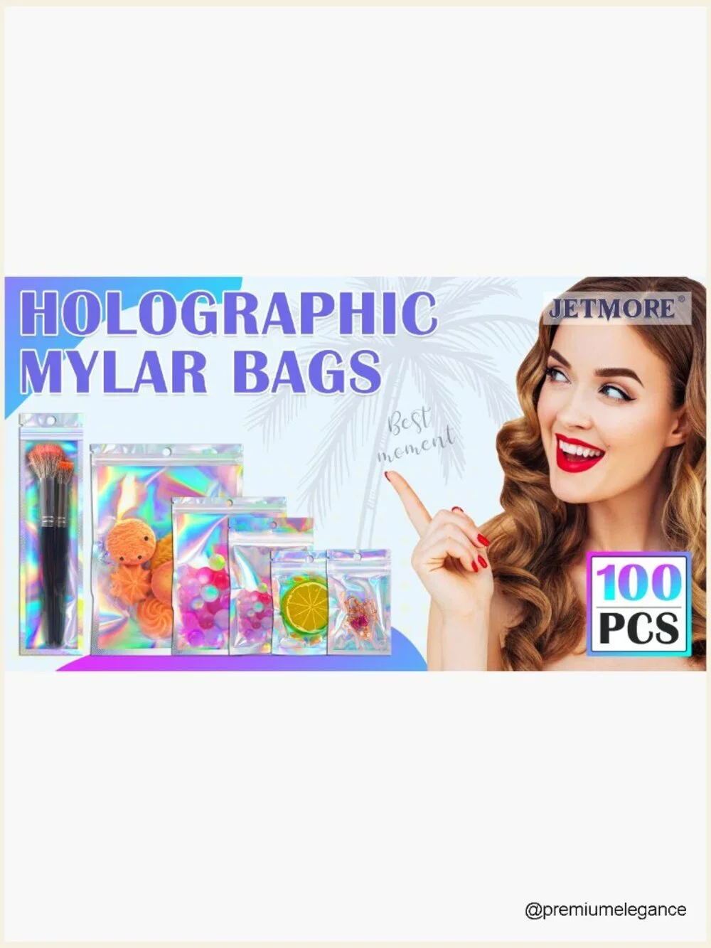 100 Pcs Holographic Mylar Bags - Resealable Smell Proof Foil Bags for Treats,
